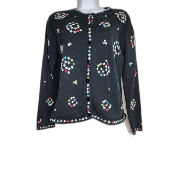 Talbots Petites Floral Cardigan Sweater Black Multicolor Knit Button Front Small - Picture 3 of 8